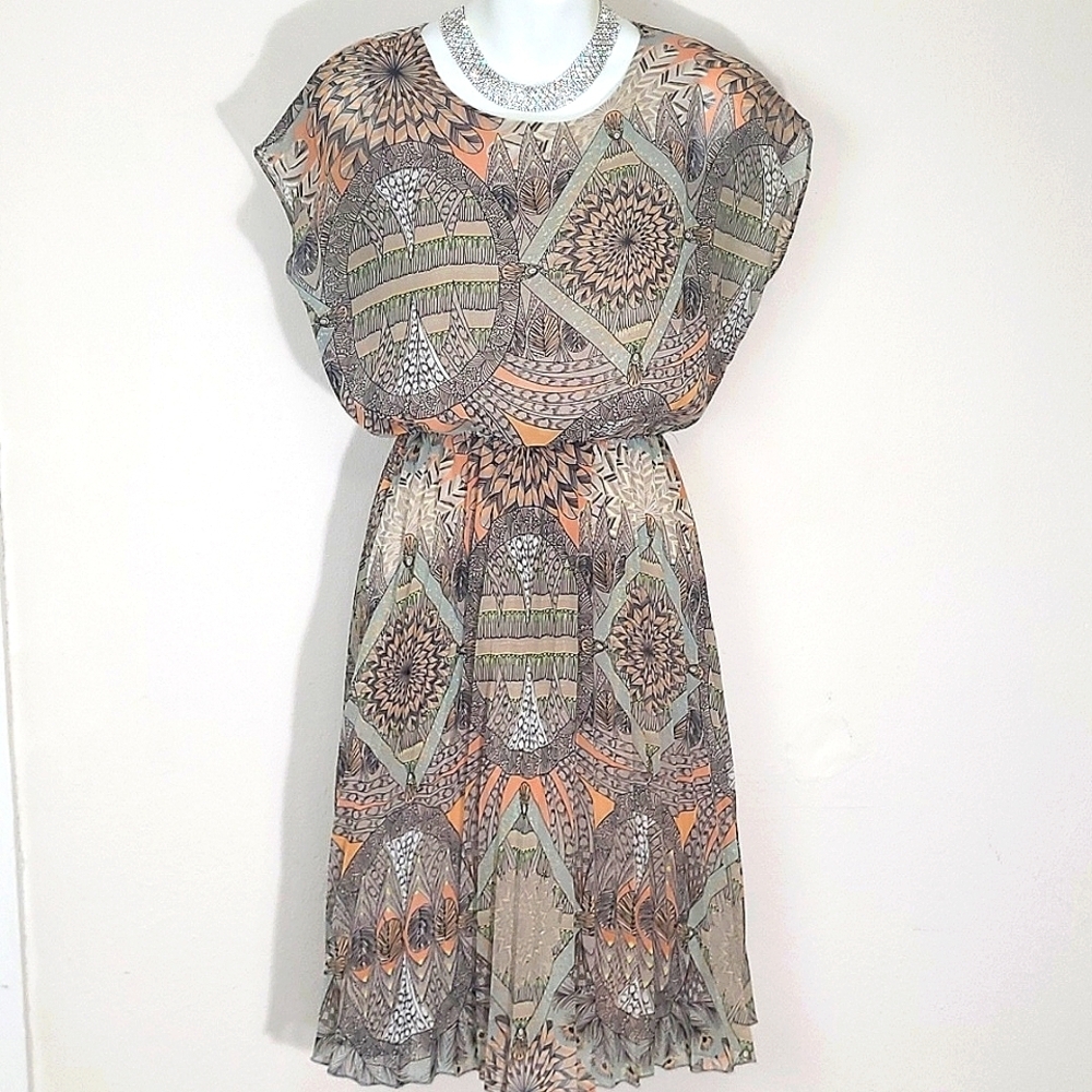Sabine Dress short sleeve accordion skirt flowy bodice mandala geometric print